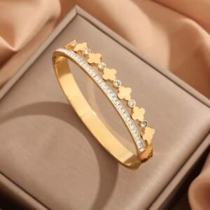 New Elegant Golden Stainless Steel Floral Zircon Bracelet for Women