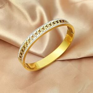 Gold-Plated Cuff Bracelet with Chain-Link Design and Crystal Borders