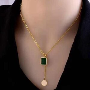 Stainless Steel Chain Necklace Adjustable Rectangle Emerald Diamond Pendant Necklace