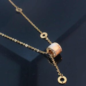 Stainless Steel Luxurious Gold-Plated Barrel Shape Pendant Necklace with Crystal Accents