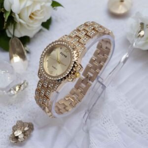 Luxury Women Gold Plated Quartz Bracelet Watch with Crystal Detailing