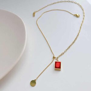 Stainless Steel Chain Necklace Adjustable Rectangle Emerald Diamond Pendant Necklace