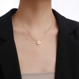 Stainless Steel Roman Numeral Charm Zircon Gold Plated Pendant Necklace